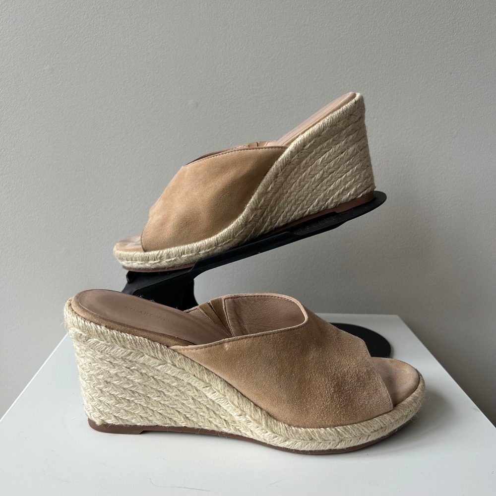 Stuart Weitzman Wedge Sandals 8.5 Tan Suede Espadrille‎ Slide Mules Beach Resort - Picture 2 of 11